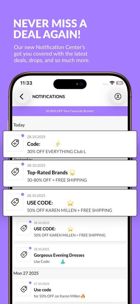 Notification center in the VogaCloset app displaying fashion discount codes and deals.