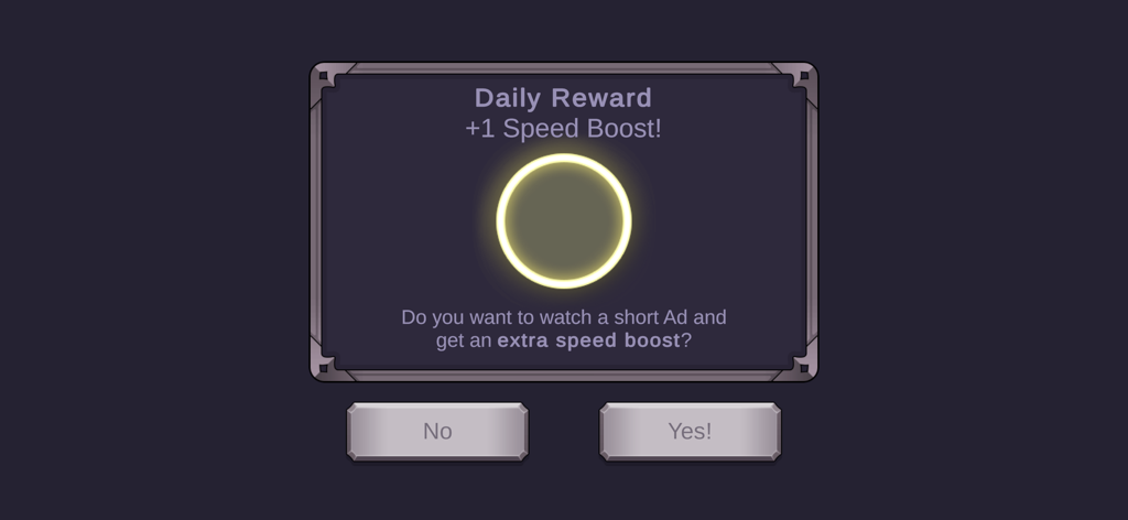 Broom Race - Popup de recompensa diária em Broom Race oferecendo um aumento de velocidade por assistir a um anúncio.