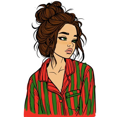 realistic woman with pajamas on and a messy bun