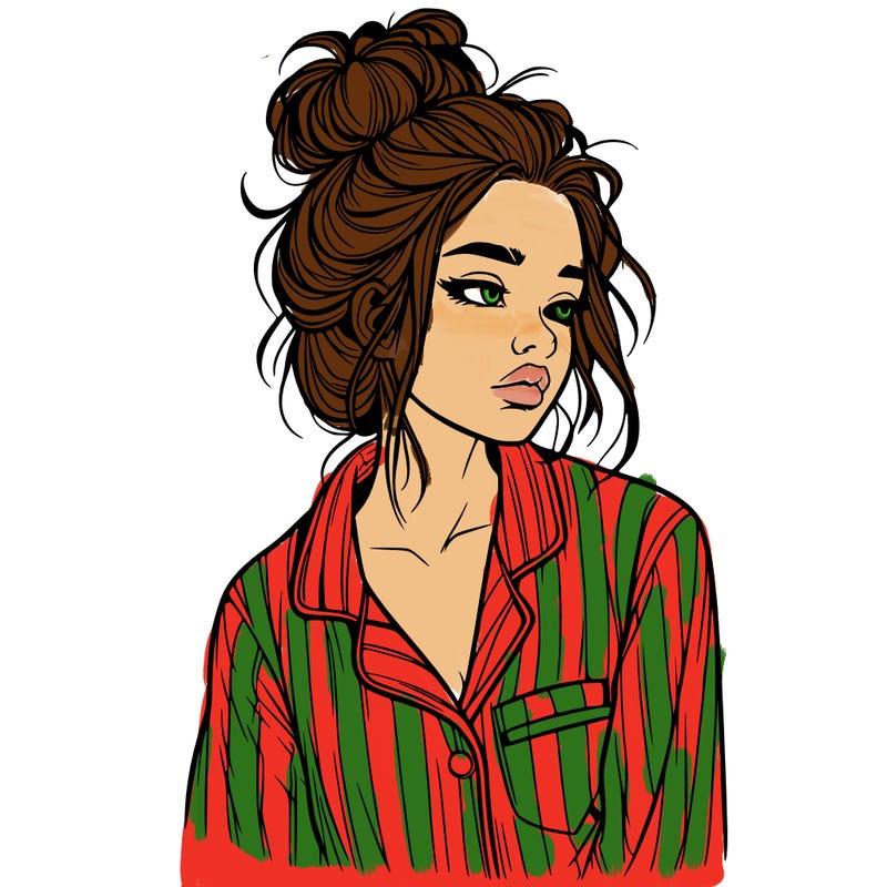 realistic woman with pajamas on and a messy bun