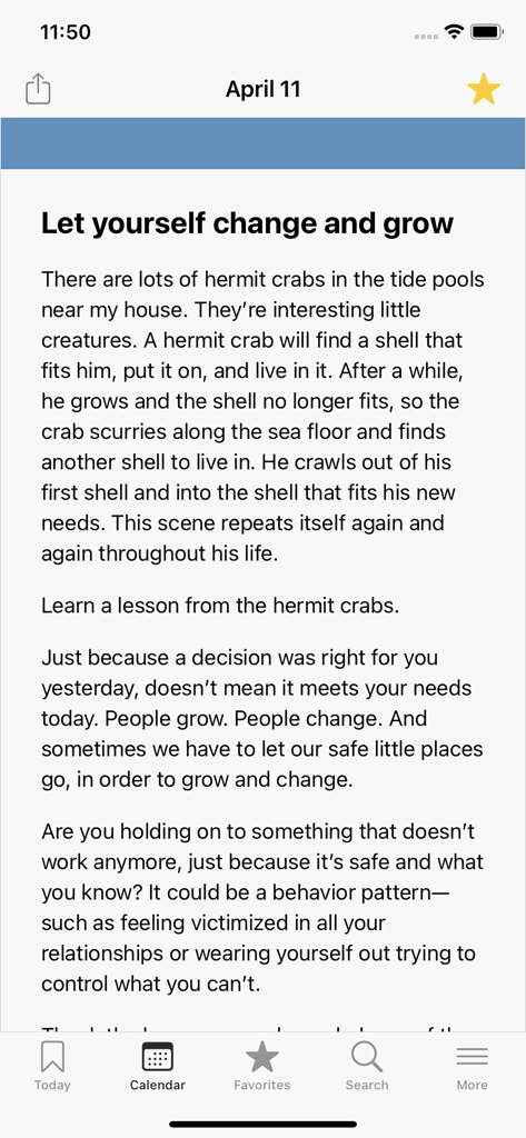 A daily meditation reading in the More Language of Letting Go app titled Let yourself change and grow.
