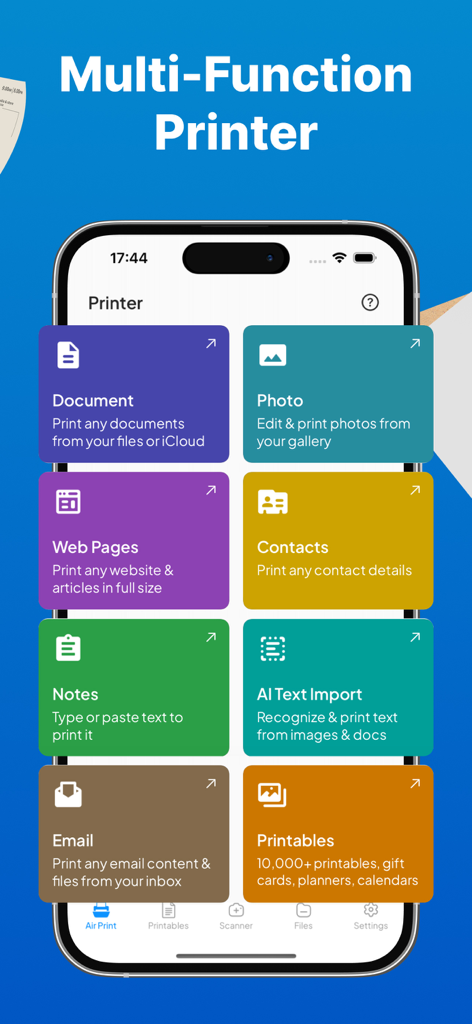 Smart Printer App: Scan Print - Painel do App de Impressão Inteligente exibindo opções para imprimir documentos, fotos, e-mails e páginas da web.