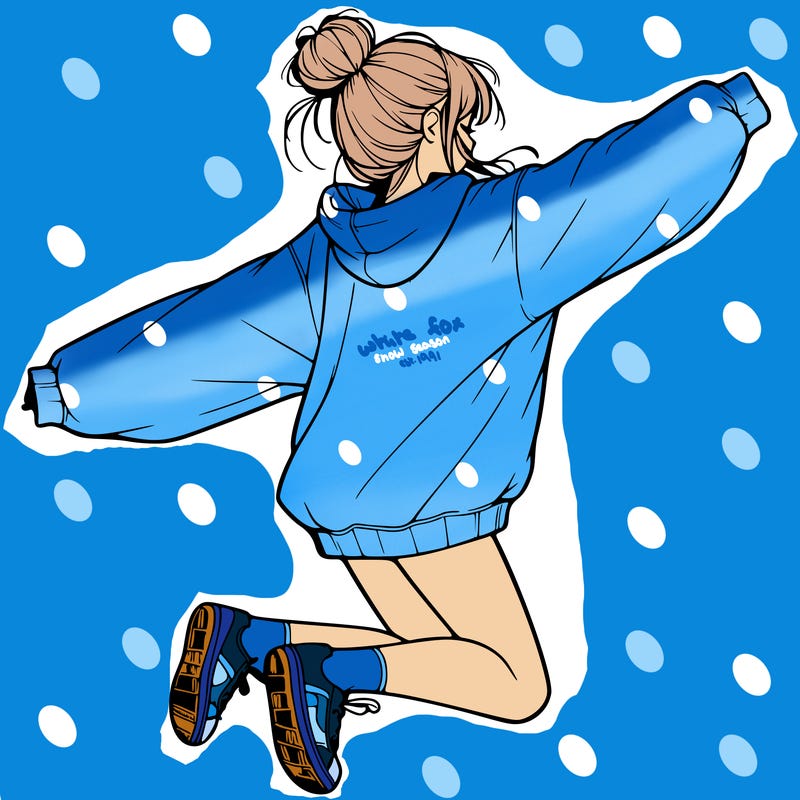 realistic girl jumping with a bun and oversized sweatshirt