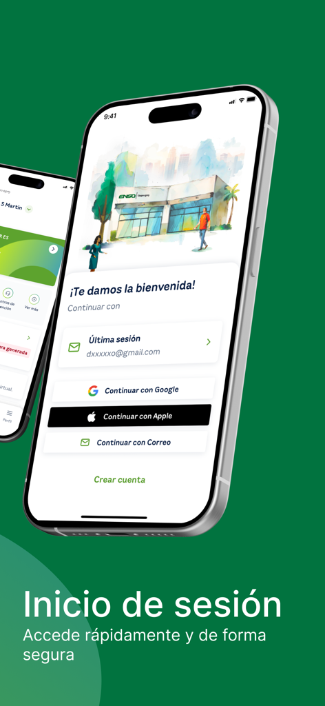 ENSA Panamá - Login screen of the ENSA Panama app showing secure authentication options for users to manage their electricity accounts.