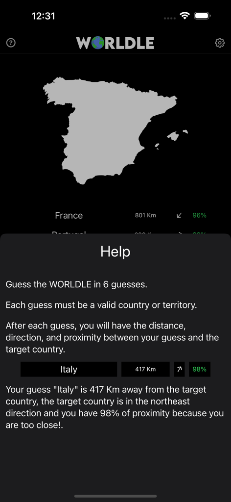 Instruction screen for the Worldle geography game explaining how to guess countries using distance and direction hints