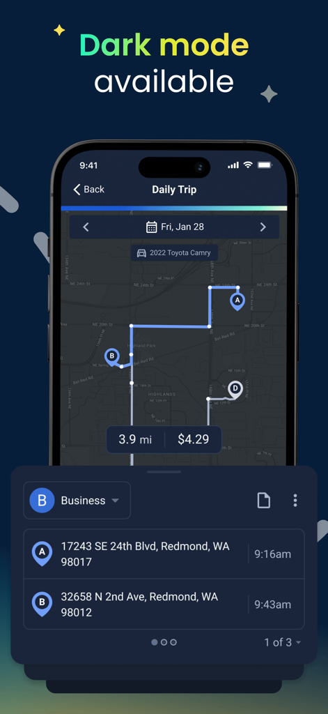 Interface de l'application de suivi kilométrique TripLog en mode sombre montrant un itinéraire de trajet professionnel et les coûts