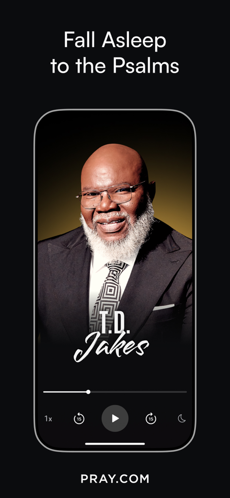 Reproductor de audio de la aplicación móvil Pray.com con T.D. Jakes para conciliar el sueño con los Salmos.
