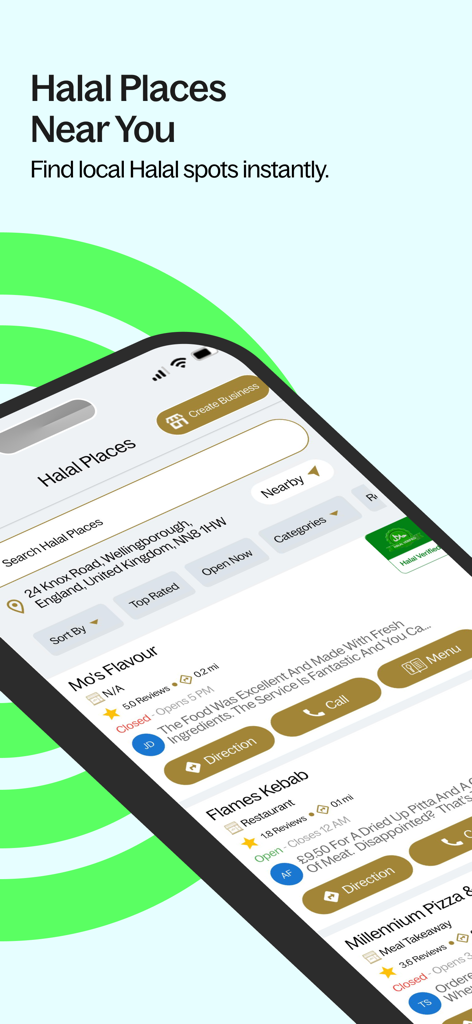 Mustakshif: Halal Food Scanner - Interface do aplicativo Mustakshif mostrando restaurantes Halal locais com avaliações e opções de contato
