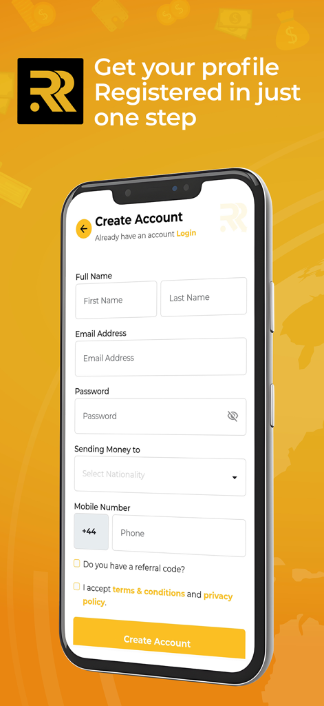Roze Remit - Roze Remit app registration screen showing the create account form on a smartphone.