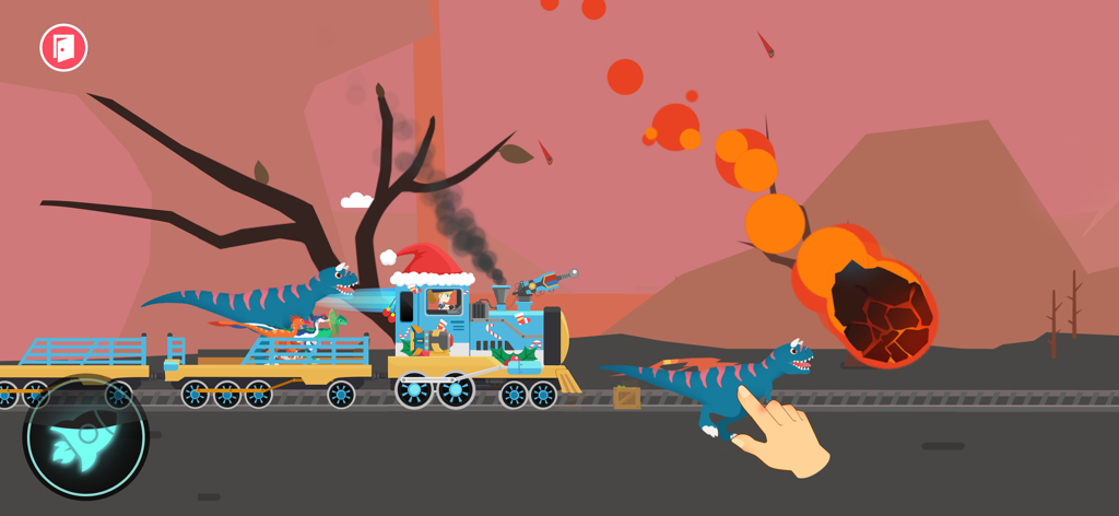 A blue Christmas themed train rescuing dinosaurs from falling meteors in a prehistoric world