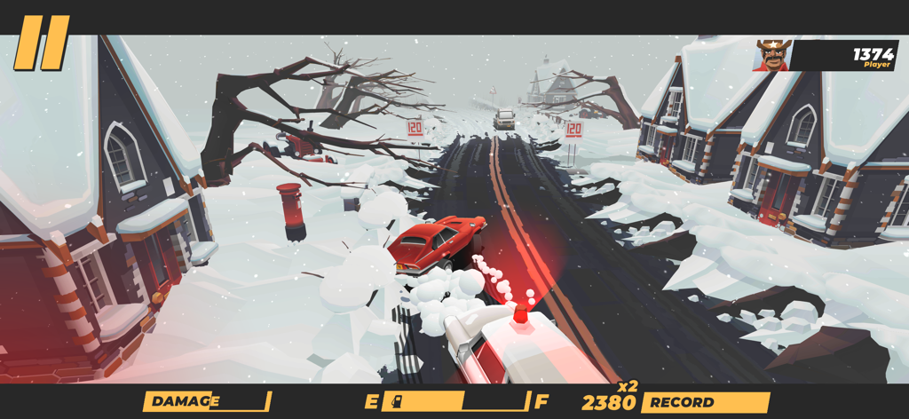 Red vintage car driving on a snowy road through a low poly village in the game DRIVE