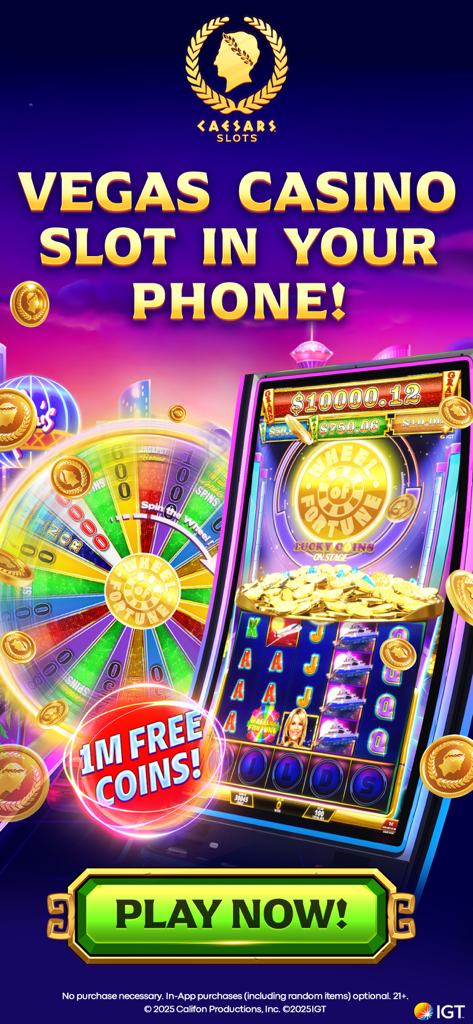 シーザーズ・スロット・カジノ・ゲームのインターフェース。ホイール・オブ・フォーチュン・スロットマシンと100万無料コイン・ボーナスが表示されている。