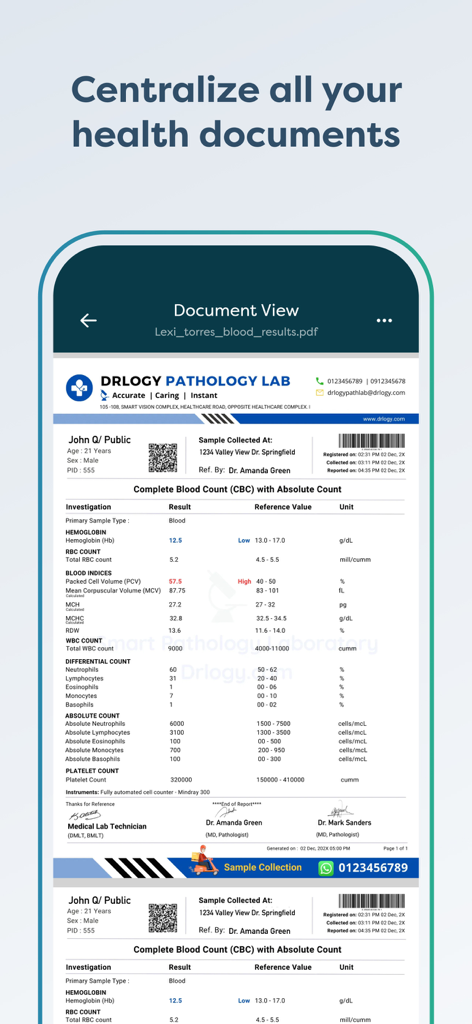 Death Clock: AI Health - 데스 클락 AI 건강 앱 내 상세 혈액 검사 보고서의 중앙 집중식 보기를 보여주는 모바일 화면