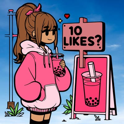 girl with oversized hoodie drinking boba and she has a high ponytail with a sign that says 10likes?