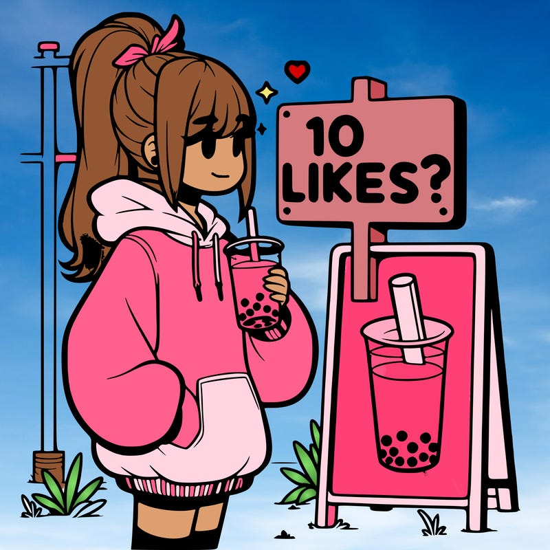 girl with oversized hoodie drinking boba and she has a high ponytail with a sign that says 10likes?
