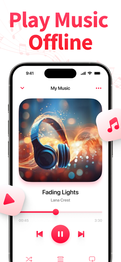 iPhone screen showing the offline music media player app with playback controls and song info