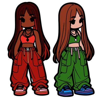 girl in baggy pants crop top and long hair