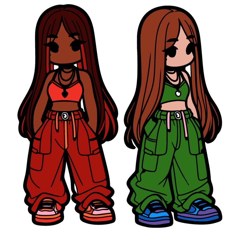 girl in baggy pants crop top and long hair