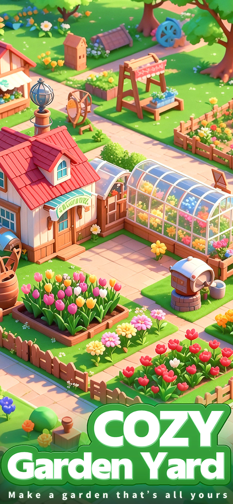 The Cozy Florist - Una vista isométrica vibrante de un jardín personalizado con parterres, un invernadero y una cabaña en el juego móvil The Cozy Florist