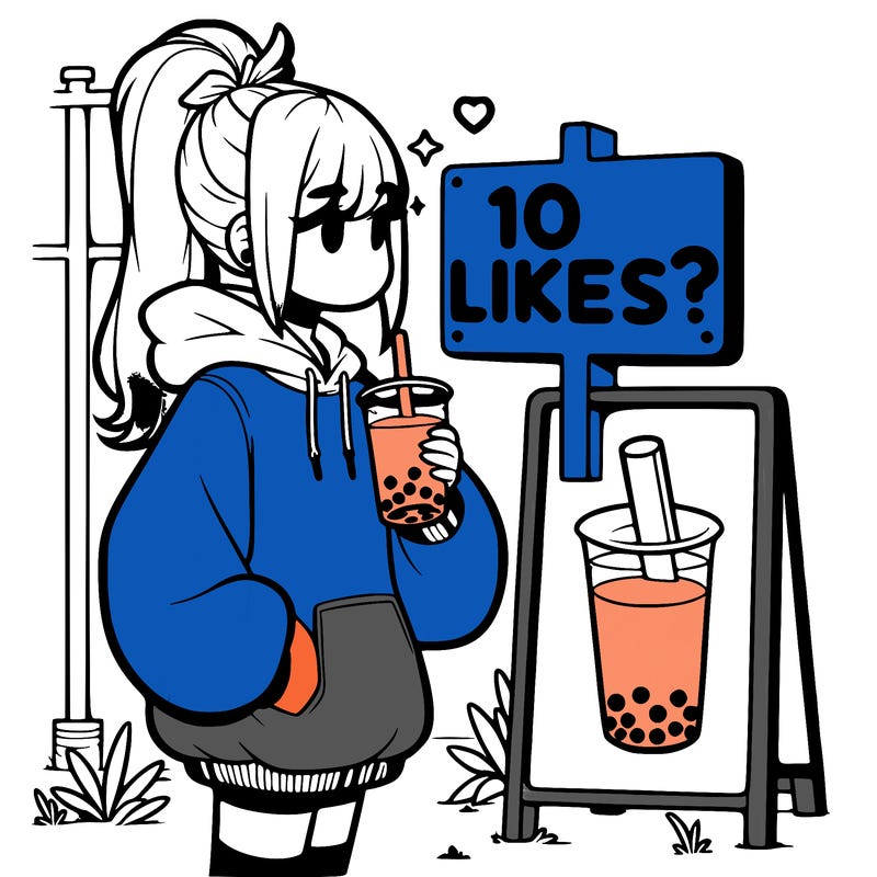 girl with oversized hoodie drinking boba and she has a high ponytail with a sign that says 10likes?