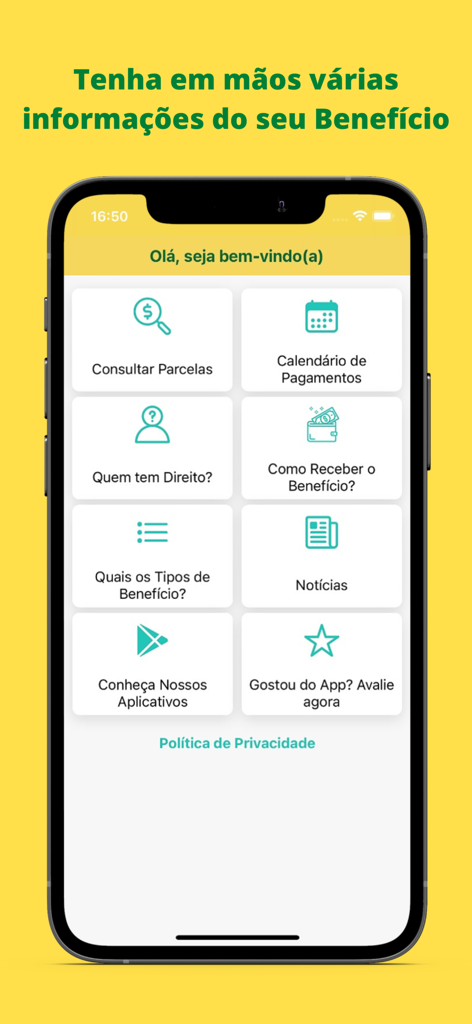 Main dashboard of the Consulta Bolsa Familia app featuring menu options for payment calendars and installment tracking