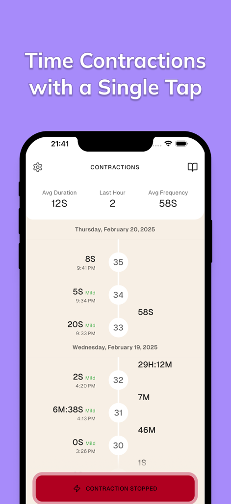 Contraction Timer: Counter - Uma tela de aplicativo móvel exibindo uma linha do tempo de contrações cronometradas com estatísticas de duração e frequência para monitoramento do trabalho de parto