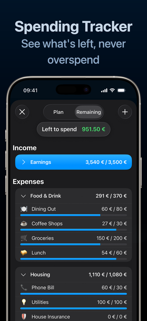 Brim 모바일 앱 인터페이스 - 진행률 표시줄이 있는 소득 및 카테고리별 지출 표시