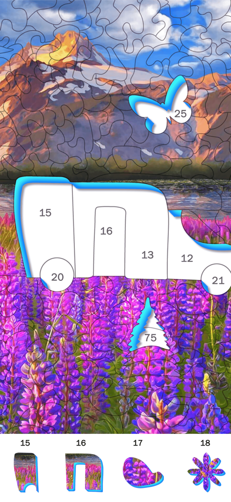 Tap Color Jigsawの数字のピースを備えた3D風景ジグソーパズル。