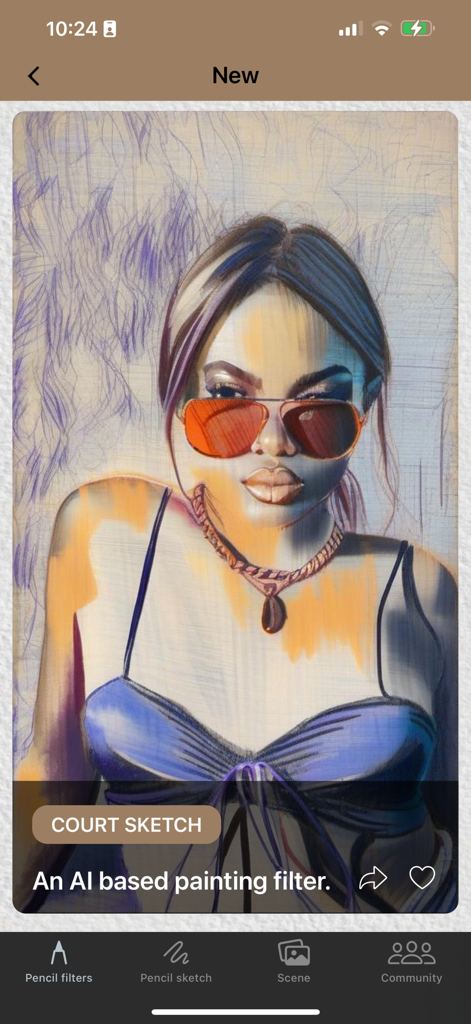 A woman with orange sunglasses edited with a court sketch AI painting filter in the Graphite app