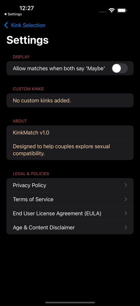 KinkMatch - The settings screen of the KinkMatch app showing display options and legal policies