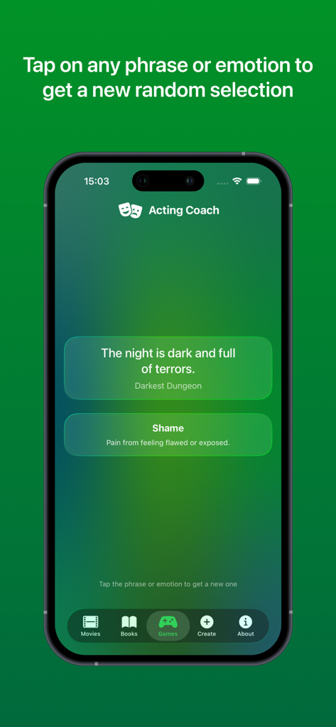 Acting Coach - 액팅 코치 앱 인터페이스에 연기 연습을 위한 무작위 게임 인용문과 감정이 표시됩니다.