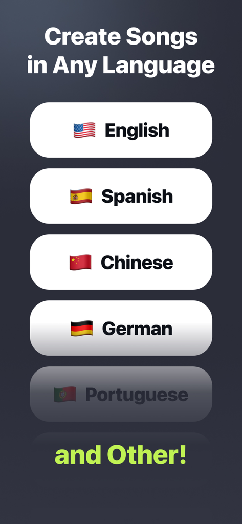 Muzio AI Song&Music Generator - A screen displaying language selection options for generating AI songs including English Spanish and Chinese
