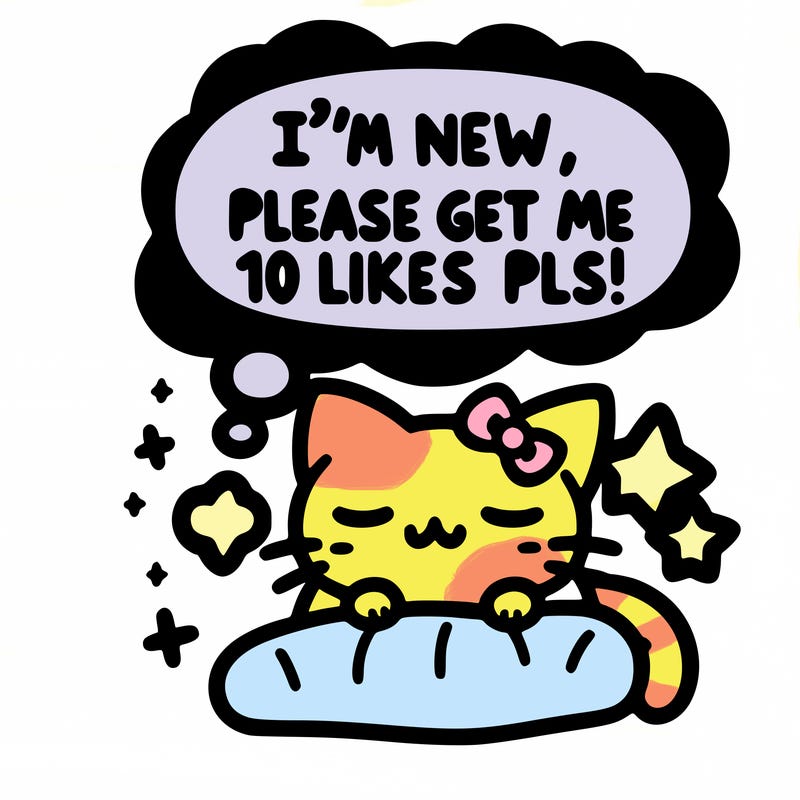 kitty taking a nap dream talking and saying "i'm new, please get me at least 10 likes pls!!"