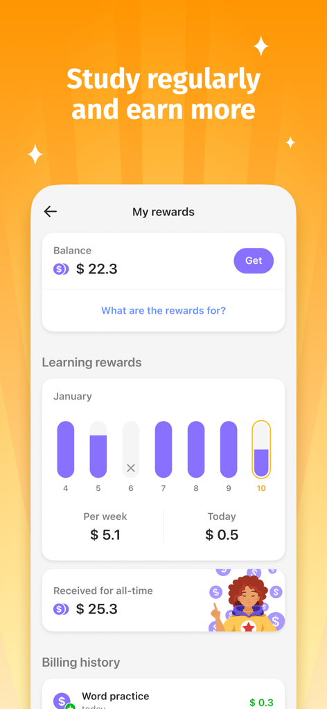Ein Dashboard, das die Belohnungen und den Lernfortschritt eines Kindes in der Bright Heroes Englischlern-App anzeigt
