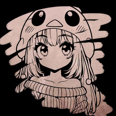 anime girl with chick shaped hat with sweater with bare shoulders with bangs covering them one eye with low tail