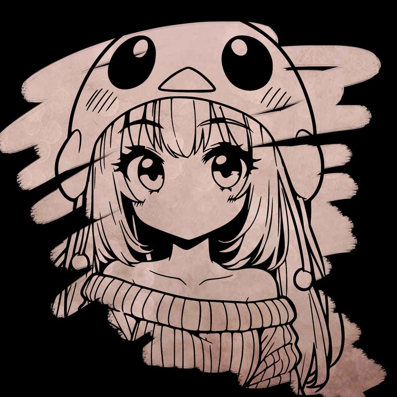 anime girl with chick shaped hat with sweater with bare shoulders with bangs covering them one eye with low tail