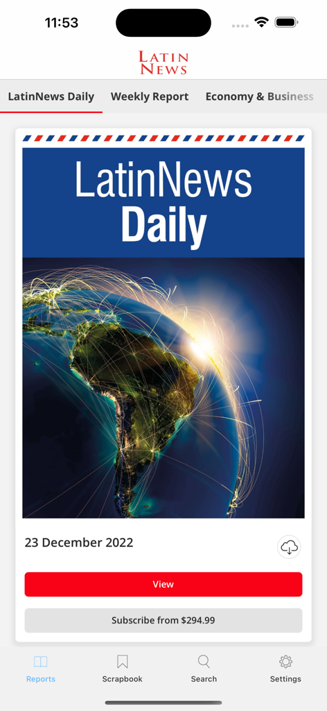 LatinNews - LatinNews mobile app home screen displaying a daily report for Latin American intelligence