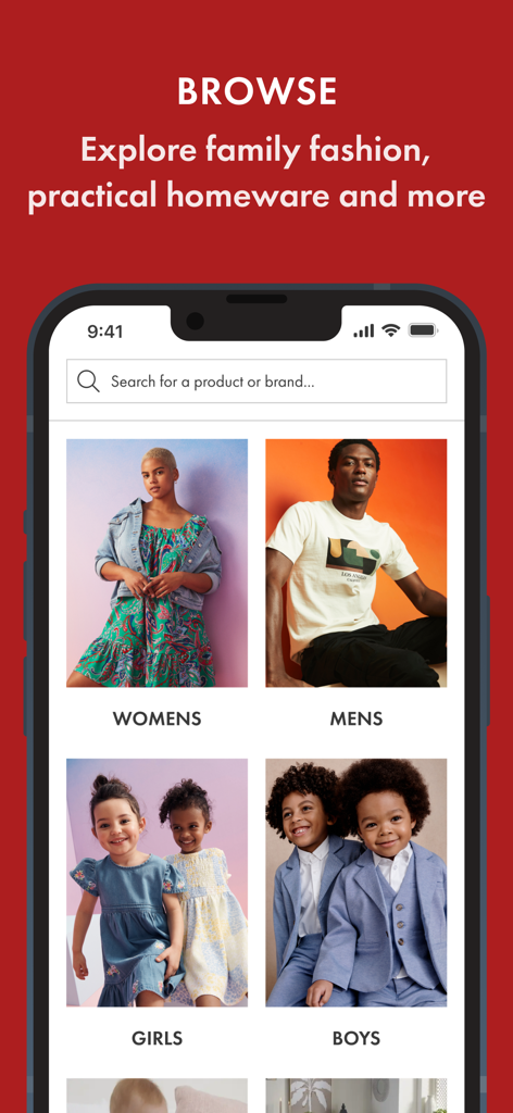 Matalan shopping app browse screen showing categories for women, men, girls, and boys fashion