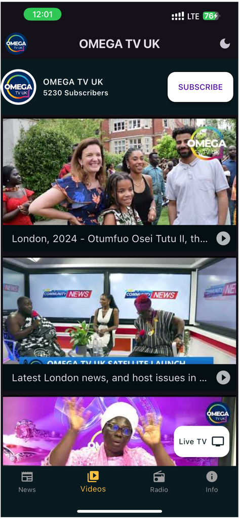 OMEGA TV UK - OMEGA TV UK app interface showing a list of videos and news content