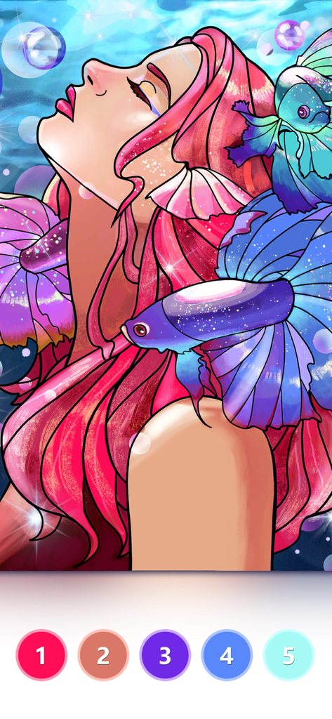 Tap Colorアプリのインターフェースで、ピンクの髪の女性と青い魚の鮮やかなデジタル塗り絵