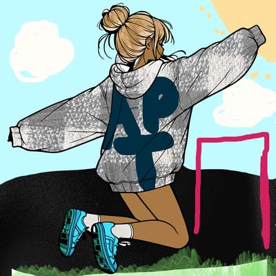 realistic girl jumping with a bun and oversized sweatshirt