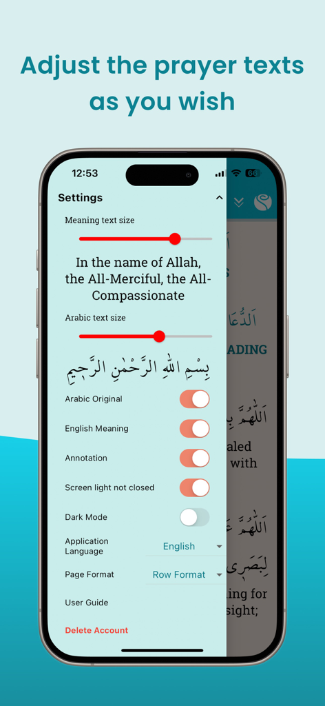 Settings screen of the Daily Dua Readings app showing options to customize prayer text size and display modes for Arabic and English.