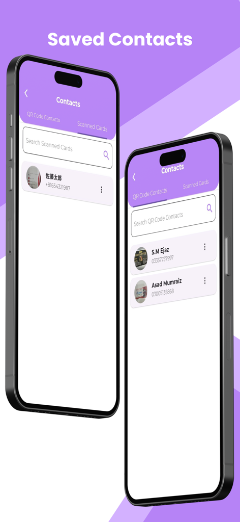 Card Reader & Scanner - Interface de l'application Lecteur et scanner de cartes affichant une liste de contacts enregistrés sur deux écrans de smartphone.