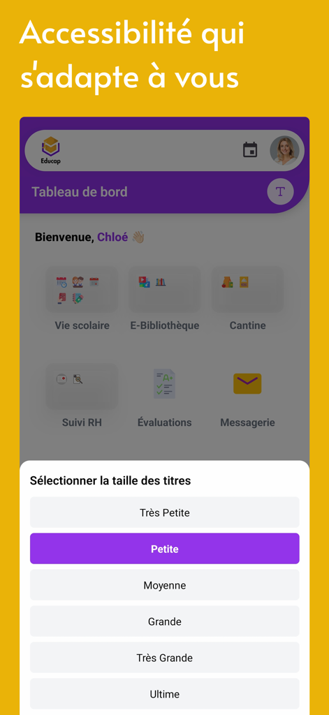 Educap - Educap app interface showing font size selection for accessibility