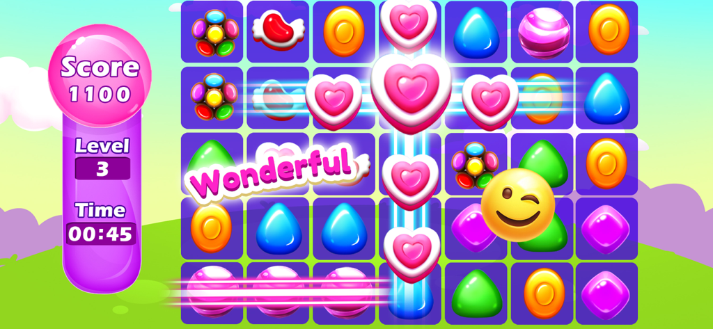A colorful match three puzzle level in Gummy Candy Master featuring various gummy shapes and a wonderful game message