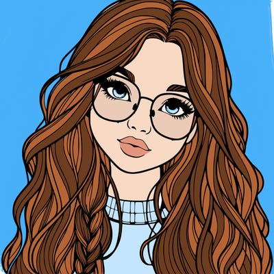 girl with long hair and freckles and glasses realistic