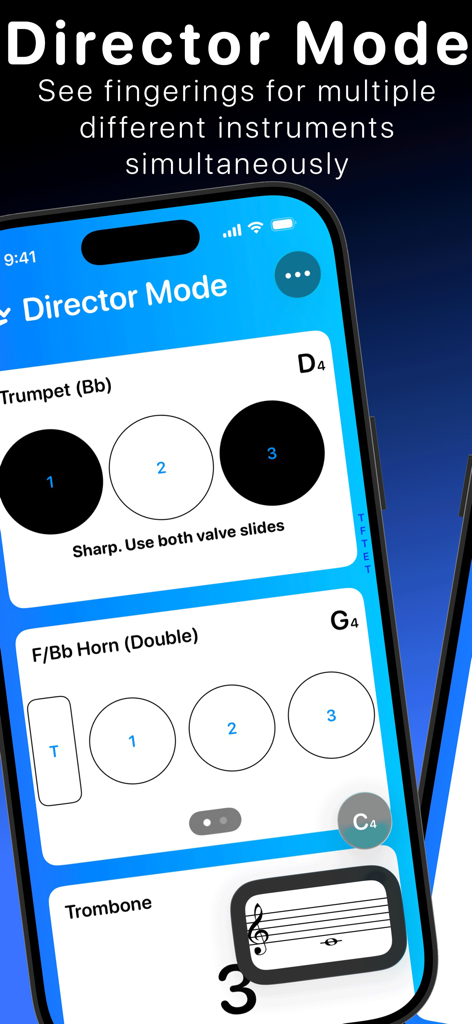 Director Mode in the Fingering Charts app displaying fingerings for multiple instruments on one screen.