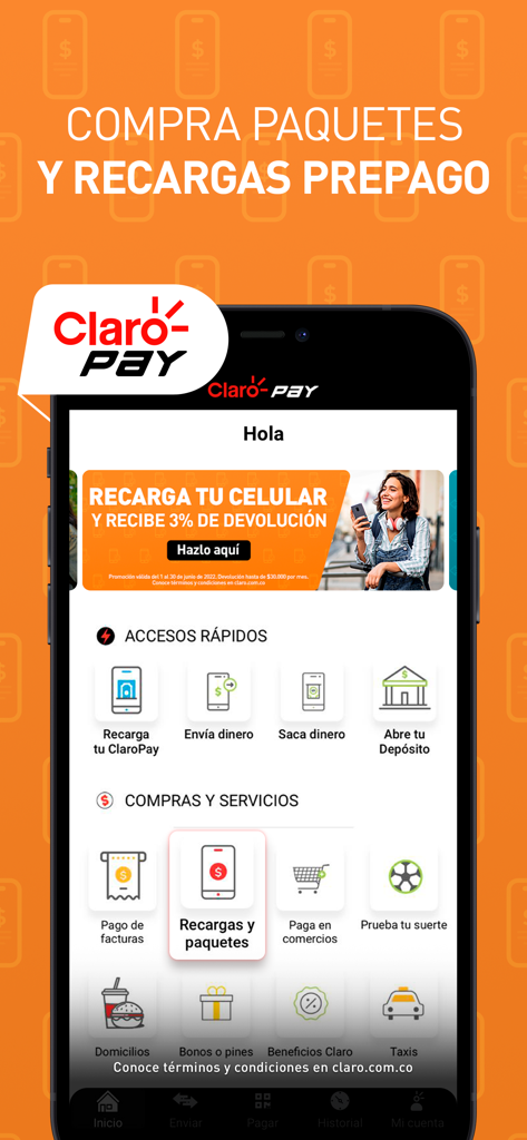 Claro Pay Colombia - Claro Pay Colombia app home screen showing options for prepaid mobile recharges and money transfers