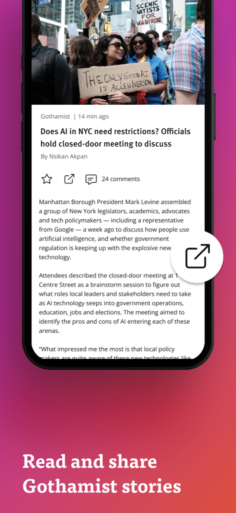 The WNYC app screen displaying a news article from Gothamist about AI in New York City.