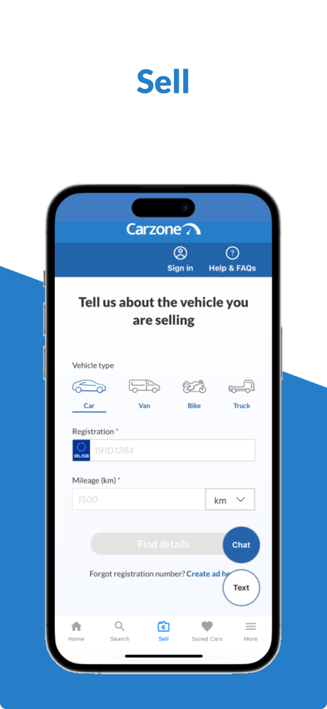Carzone mobile app interface for selling a vehicle where users can enter their car registration and mileage